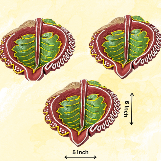 Rgyan Handmade Large Size Fancy Clay Diya for Puja & Diwali Decoration / Mitti Ke Diye 6 inch (Pack of 3)