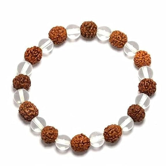 Rgyan, Certified Rudraksha & Clear Quartz (Sphatik) Crystal Bracelet – Healing Energy Bracelet for Men & Women | Protection, Peace & Positive Energy | Adjustable Size