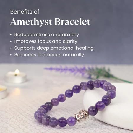 Rgyan, Amethyst Crystal Bracelet – Calmness, Spiritual Growth & Protection Healing Bracelet for Men & Women | Natural Amethyst Stone | Certified Authentic