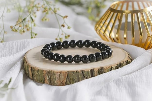 Rgyan, Black Tourmaline Stone Bracelet for Men & Women – Natural Reiki Healing Crystal Bracelet | Protection from Negative Energy | 8mm Beads Stretch Bracelet