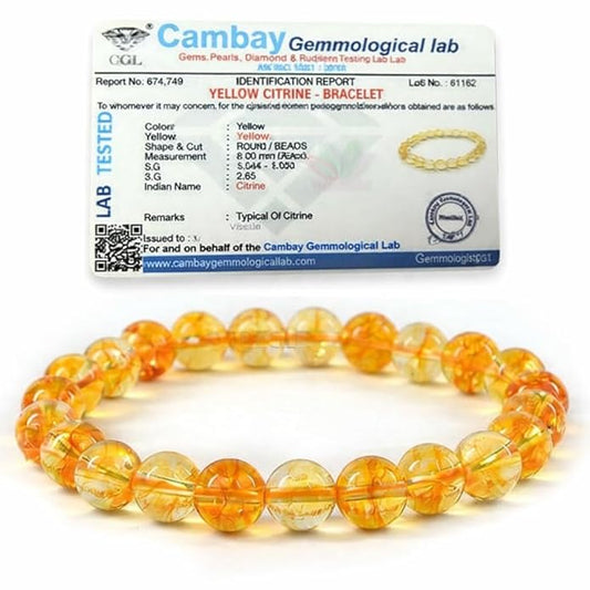 Rgyan Certified Natural Citrine Bracelet Jewelry for Men & Women – Original Yellow Citrine Crystal Stone – Wealth, Success & Positive Energy – Stretchable Gemstone with Lab Certification