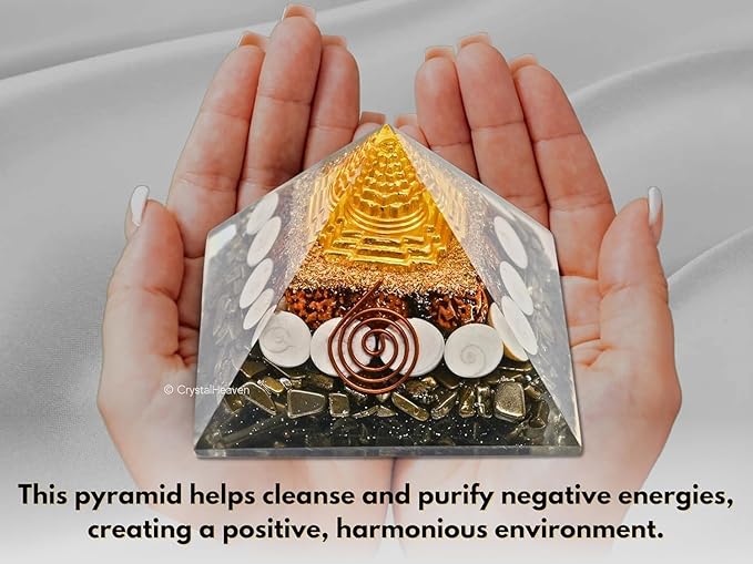 Rgyan, Rudraksha Orgone Pyramid with Gomati Chakra & Shree Yantra – Vastu Energy Sculpture for Home & Office Decor