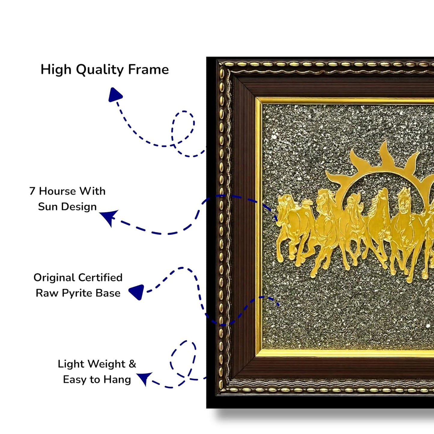 Rgyan, 7 Horses with Sun & Pyrite Frame – Vastu Decorative Art for Success & Prosperity