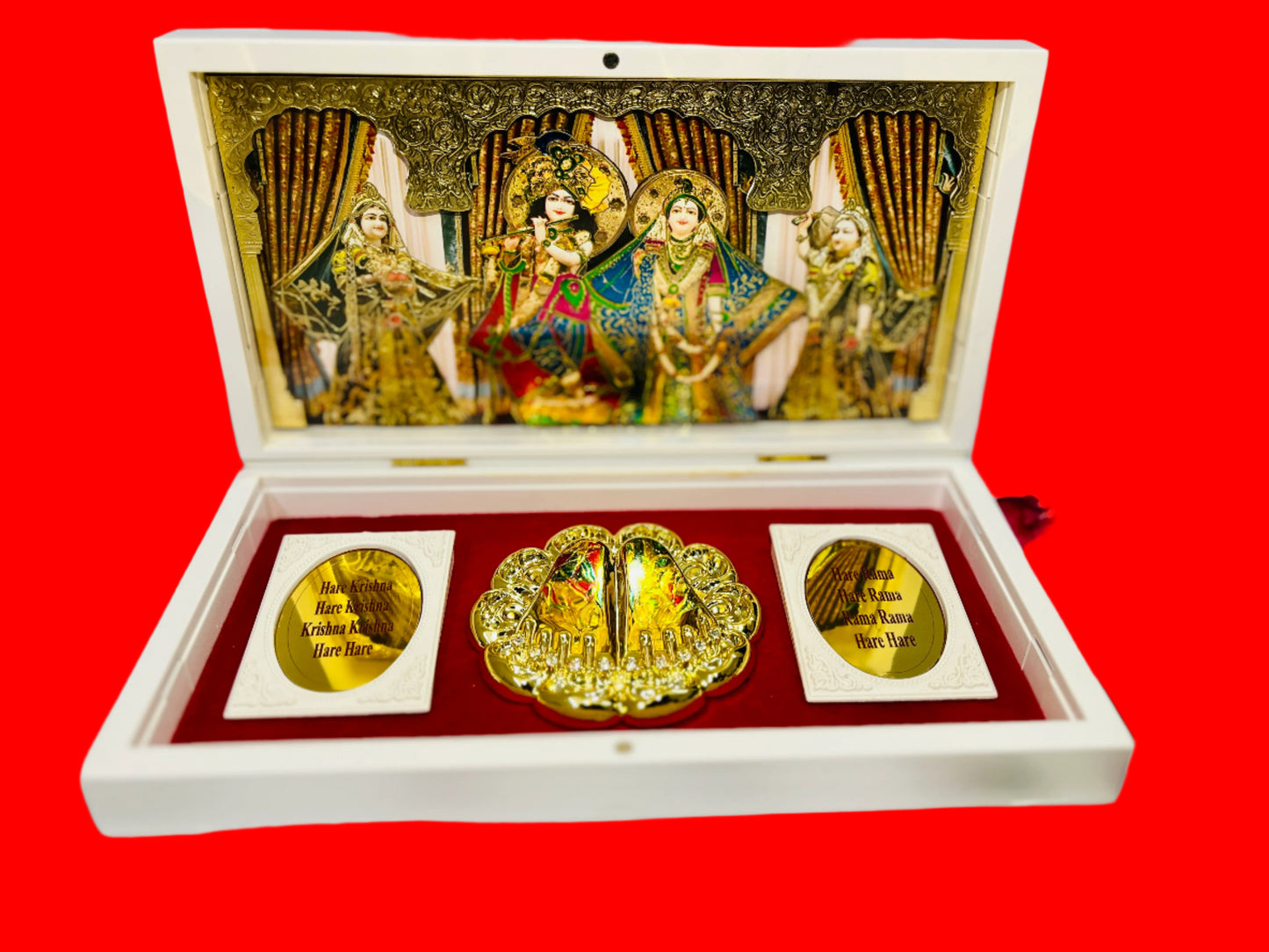Rgyan Radha Krishna 24Karat Gold Plated Religious Decorative Photo Frame with Charan Paduka