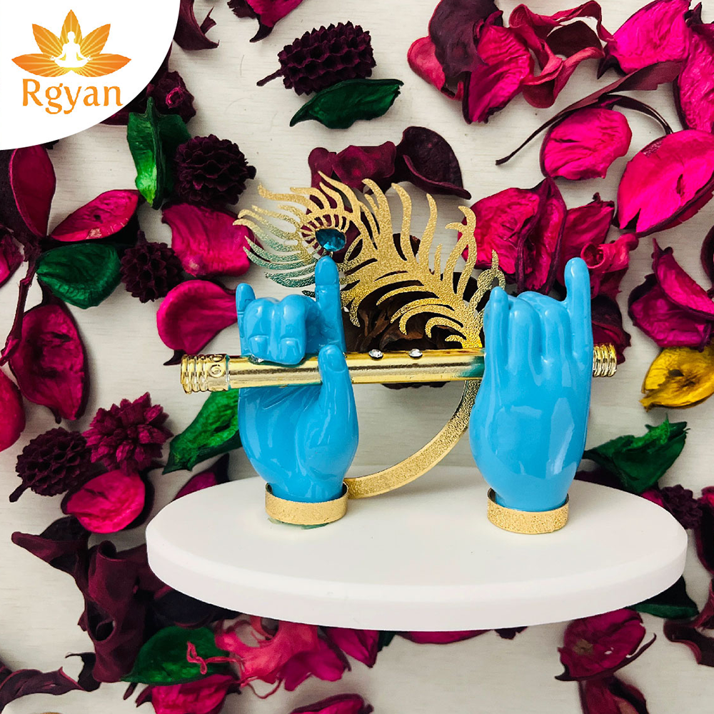 RGYAN Krishna Ji Hands Blue - with 24K Gold Plated Flute Symbol of Faith and Love | Car Dashboard, Office Desk & Pooja Temple