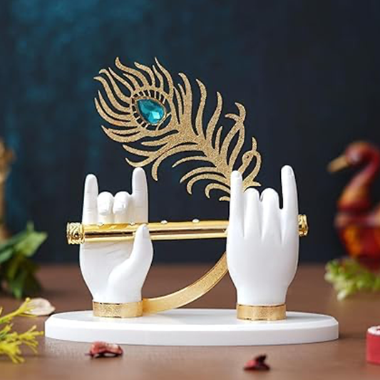 RGYAN Krishna Ji Hands White - with 24K Gold Plated Flute Symbol of Faith and Love | Car Dashboard, Office Desk & Pooja Temple