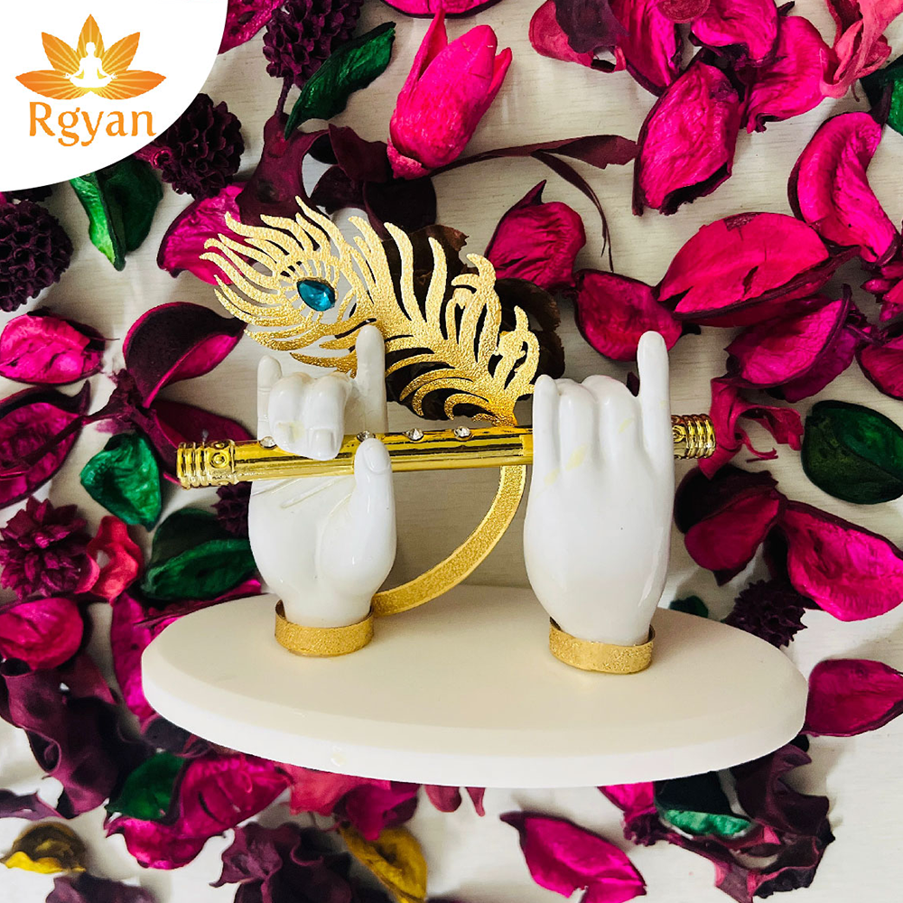RGYAN Krishna Ji Hands White - with 24K Gold Plated Flute Symbol of Faith and Love | Car Dashboard, Office Desk & Pooja Temple