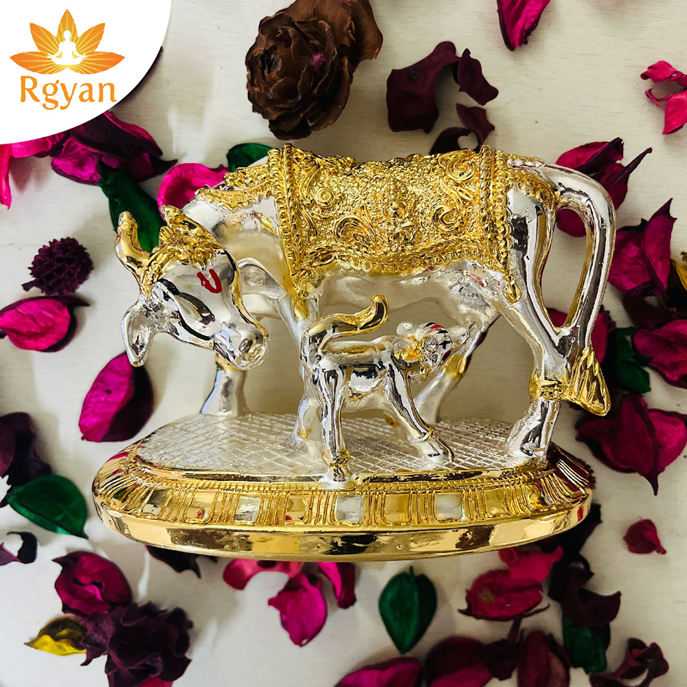 Rgyan 24Carat Gold and 999 Silver Plated Kamdhenu Cow and Calf Statue - Kamdhenu Cow with Calf Vastu Vaastu Positive Energy Items for Home Prosperity Health, Peace