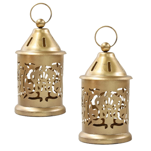 Rgyan Decorative Metal Hanging Lantern Gold / Lantern for Home Decoration (Pack of 2)