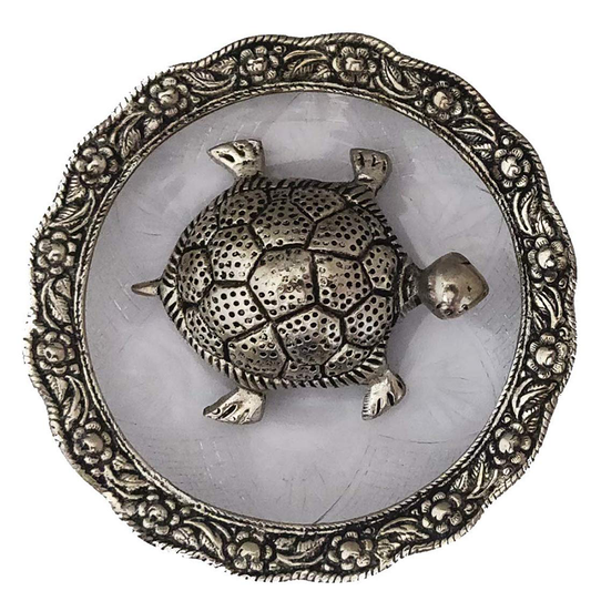 Feng Shui Metal Tortoise | Turtle with Glass Plate 5.5 Inch Diameter