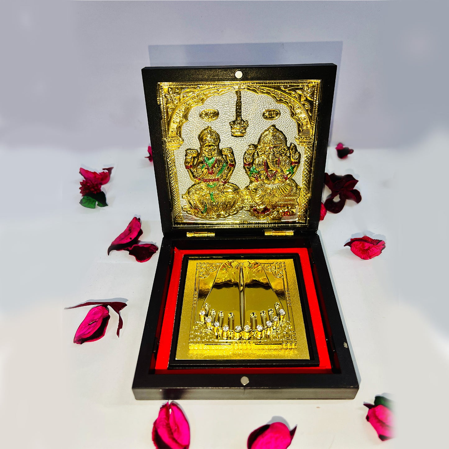 24Karat Gold Plated Photo Frame Decorative Laxmi Ganesh Photo with Charan Paduka