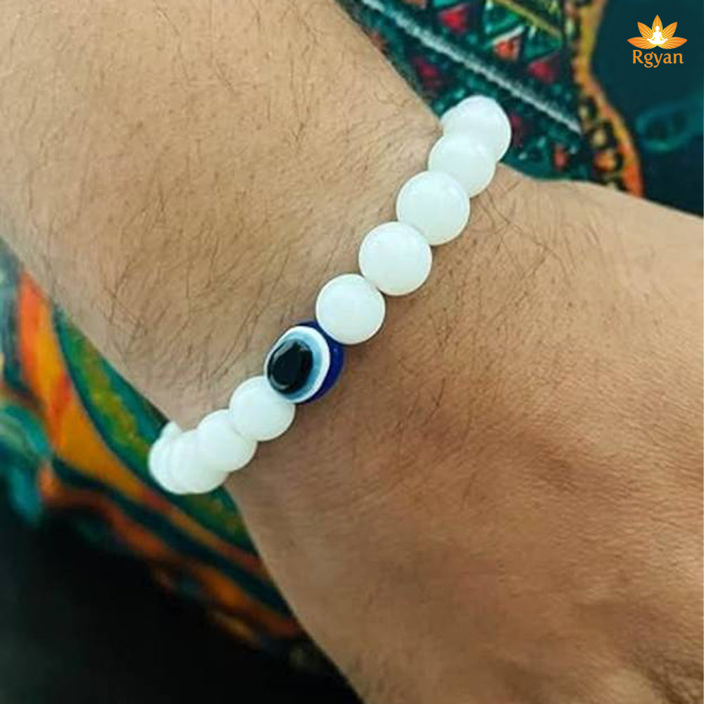 RGYAN Natural Selenite Crystal with Evil Eye-Studded Stretch Bracelet