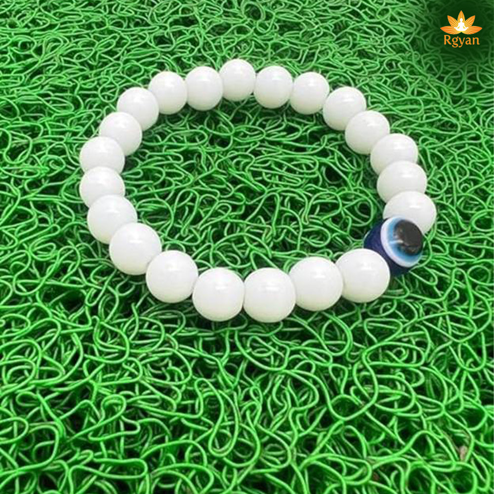 RGYAN Natural Selenite Crystal with Evil Eye-Studded Stretch Bracelet