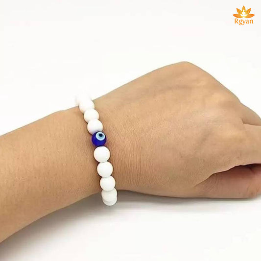 RGYAN Natural Selenite Crystal with Evil Eye-Studded Stretch Bracelet