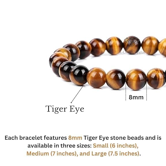 Rgyan Natural Tiger Eye Bracelet 8mm – Original Golden Brown Tiger Eye Stone Crystal for Men & Women | Protection, Confidence, Wealth & Good Luck | Adjustable Reiki Healing Crystal