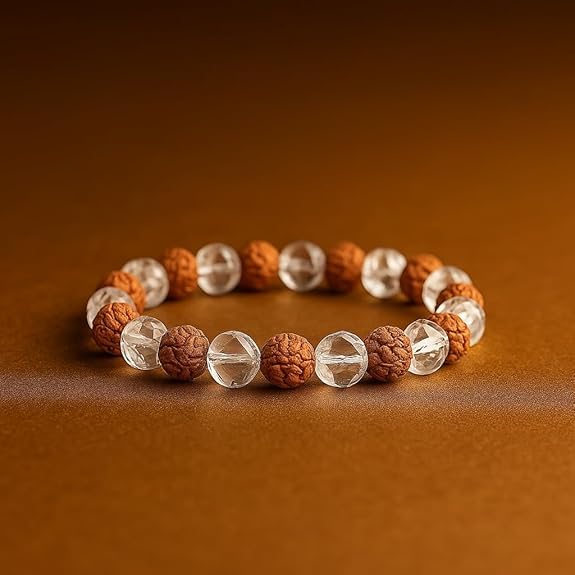 Rgyan, Certified Rudraksha & Clear Quartz (Sphatik) Crystal Bracelet – Healing Energy Bracelet for Men & Women | Protection, Peace & Positive Energy | Adjustable Size