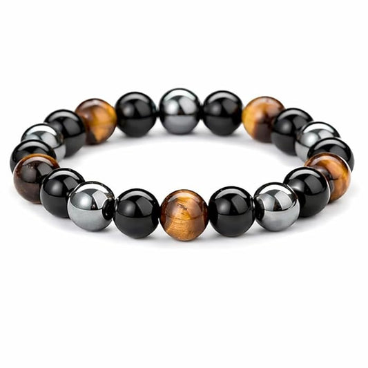 RGYAN Triple Protection Bracelet – Natural Tiger Eye, Black Obsidian & Hematite Crystal Bracelet for Men & Women | Energy Protection & Confidence Healing Stone