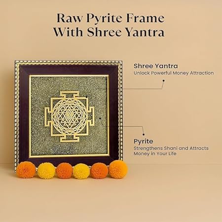 Rgyan Shree Yantra on Raw Pyrite Frame | Vastu Wall Art| | Original Certified Pyrite Stone Vastu Wall Frame for Home & Office | Attracts Wealth, Prosperity & Positive Energy | Removes Financial Blocks | 19x19 cm