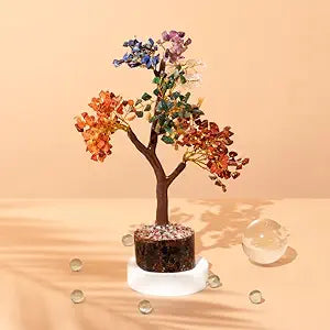 Rgyan, Seven Chakra Crystal Tree 250 Beads – Handcrafted Gemstone Bonsai with Wooden Base, 10–12 Inch Natural Healing Crystal Tree for Home Décor, Meditation & Reiki Energy