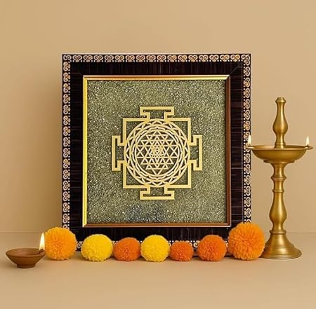 Rgyan Shree Yantra on Raw Pyrite Frame | Vastu Wall Art| | Original Certified Pyrite Stone Vastu Wall Frame for Home & Office | Attracts Wealth, Prosperity & Positive Energy | Removes Financial Blocks | 19x19 cm