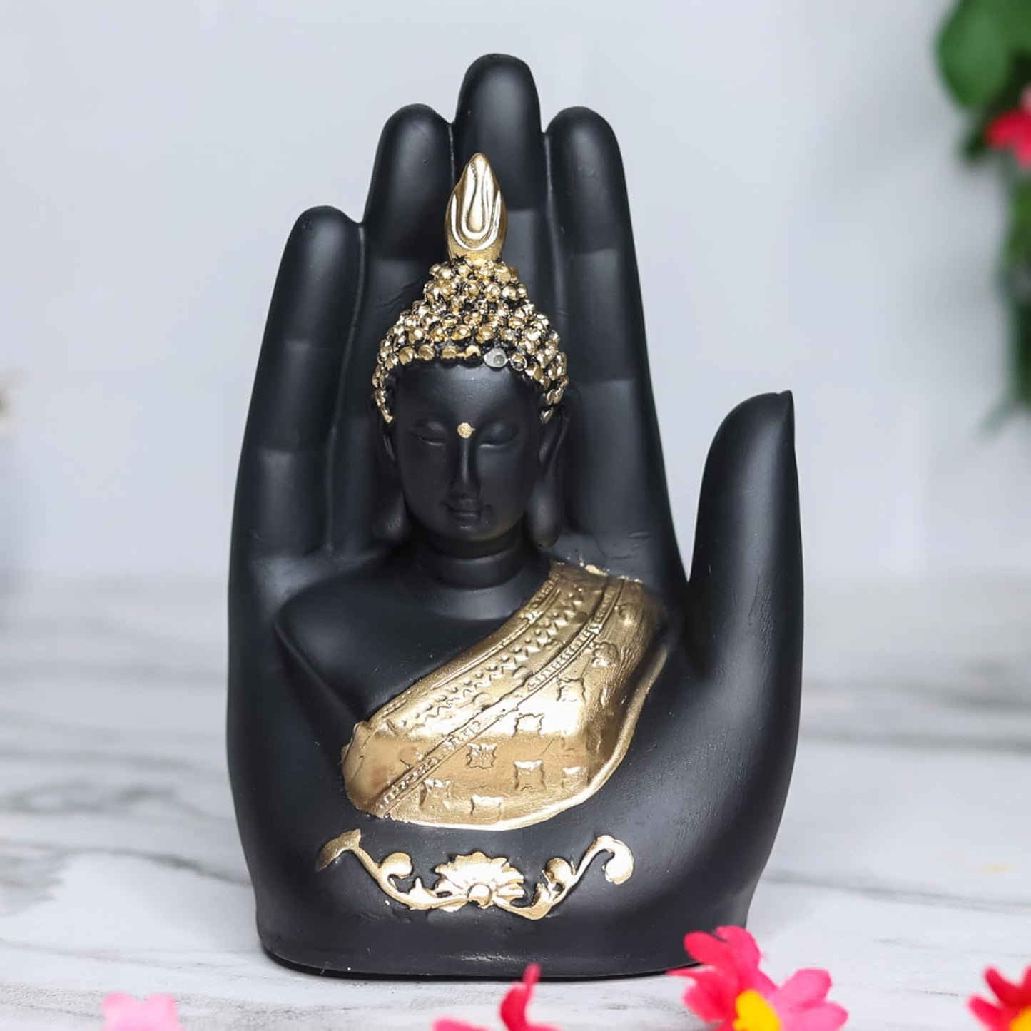 Rgyan Black Handcrafted Palm Buddha showpiece Polyresin Figure for Indoor Decoration