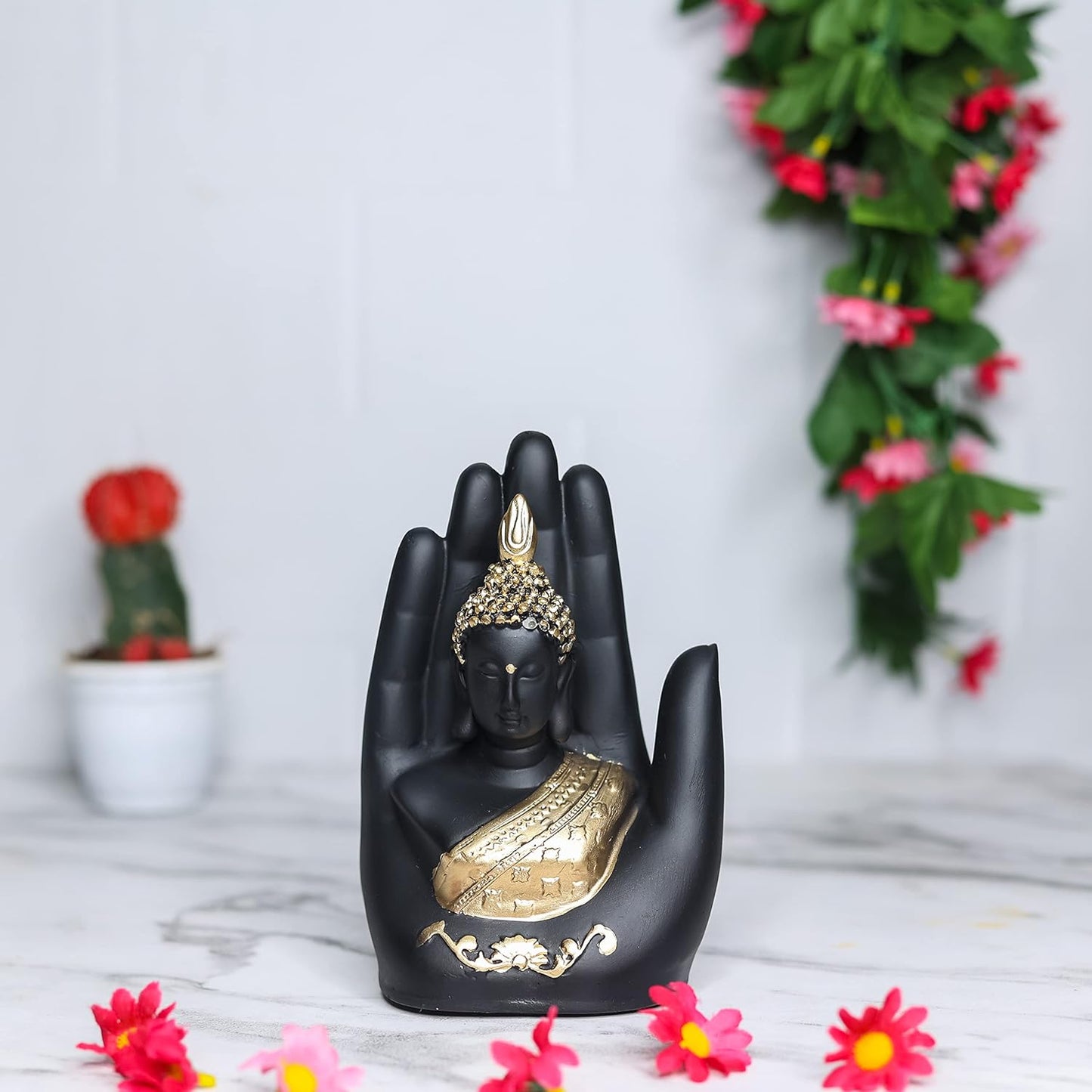 Rgyan Black Handcrafted Palm Buddha showpiece Polyresin Figure for Indoor Decoration