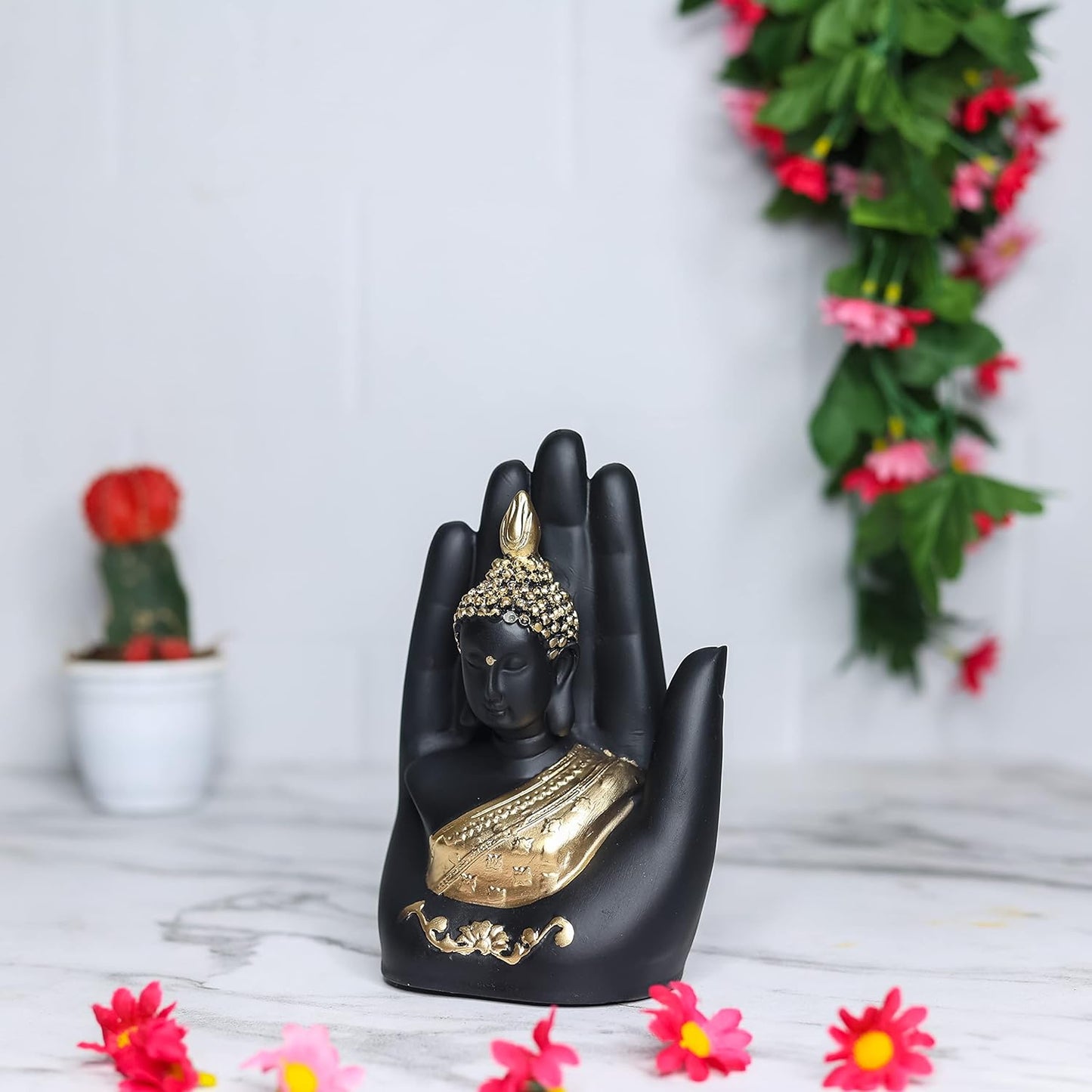 Rgyan Black Handcrafted Palm Buddha showpiece Polyresin Figure for Indoor Decoration