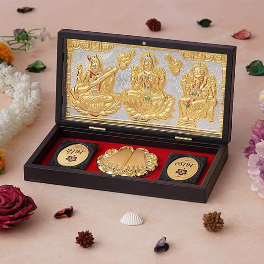 Rgyan Lakshmi Ganesh Saraswati Photo Frame with Charan Paduka Religious Frame Lakshmi Ganesh saraswati Religious Frame