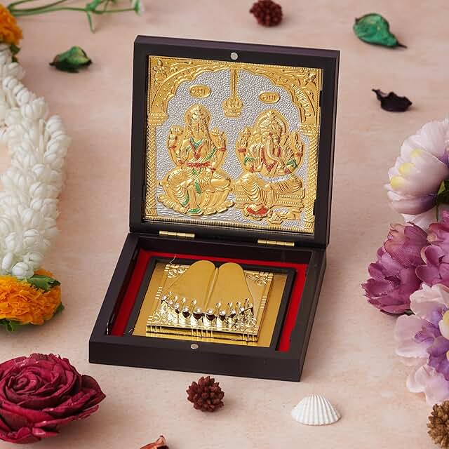 Rgyan 24K Gold Plated Laxmi Ganesh ji Charan paduka With Photo