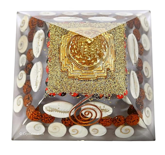 Rgyan, Rudraksha Orgone Pyramid with Gomati Chakra & Shree Yantra – Vastu Energy Sculpture for Home & Office Decor