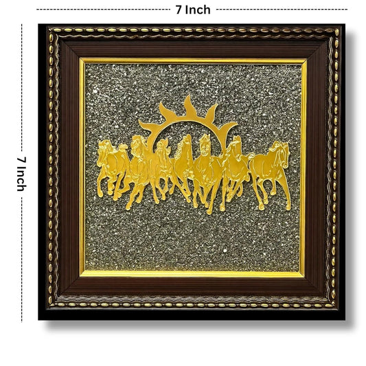 Rgyan, 7 Horses with Sun & Pyrite Frame – Vastu Decorative Art for Success & Prosperity
