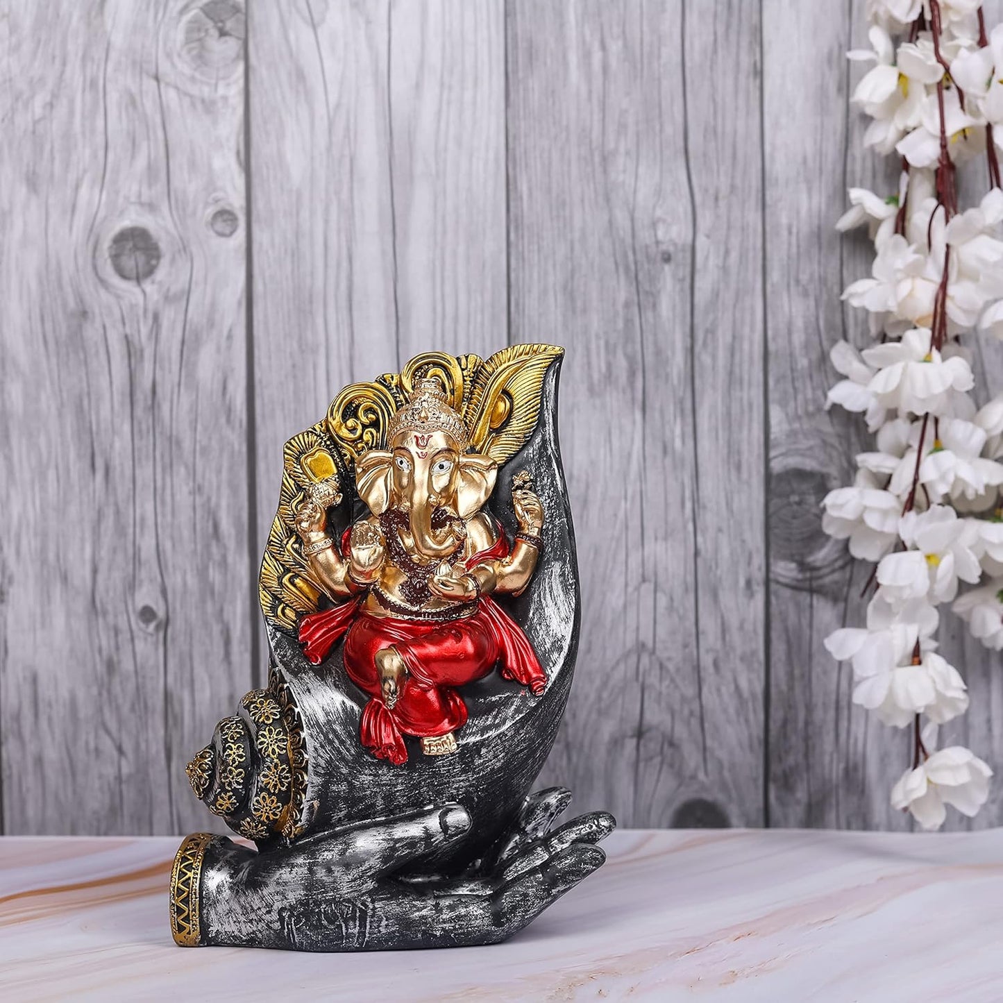 Rgyan Shank Ganesha Resin Statue - Lord Ganesha in Divine Conch Shell for Puja