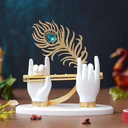 Krishna Ji Hands White - with  24K Gold Plated Flute Symbol of Faith and Love | Car Dashboard, Office Desk & Pooja Temple