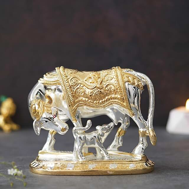 Rgyan 24Carat Gold and 999 Silver Plated Kamdhenu Cow and Calf Statue - Kamdhenu Cow with Calf Vastu Vaastu Positive Energy Items for Home Prosperity Health, Peace