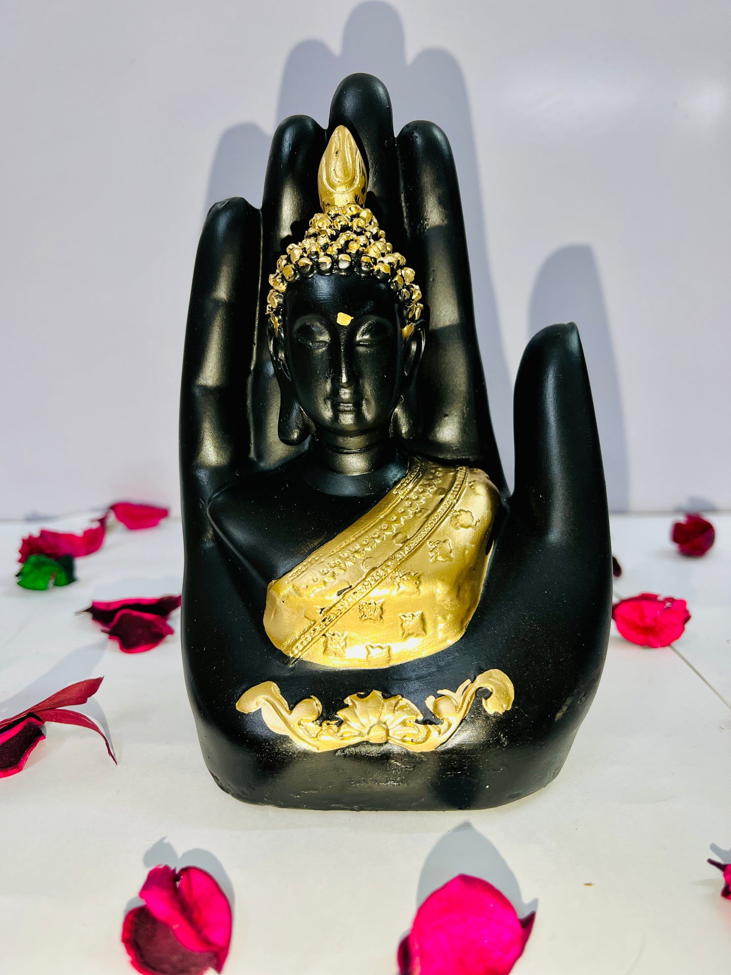 Rgyan Black Handcrafted Palm Buddha showpiece Polyresin Figure for Indoor Decoration