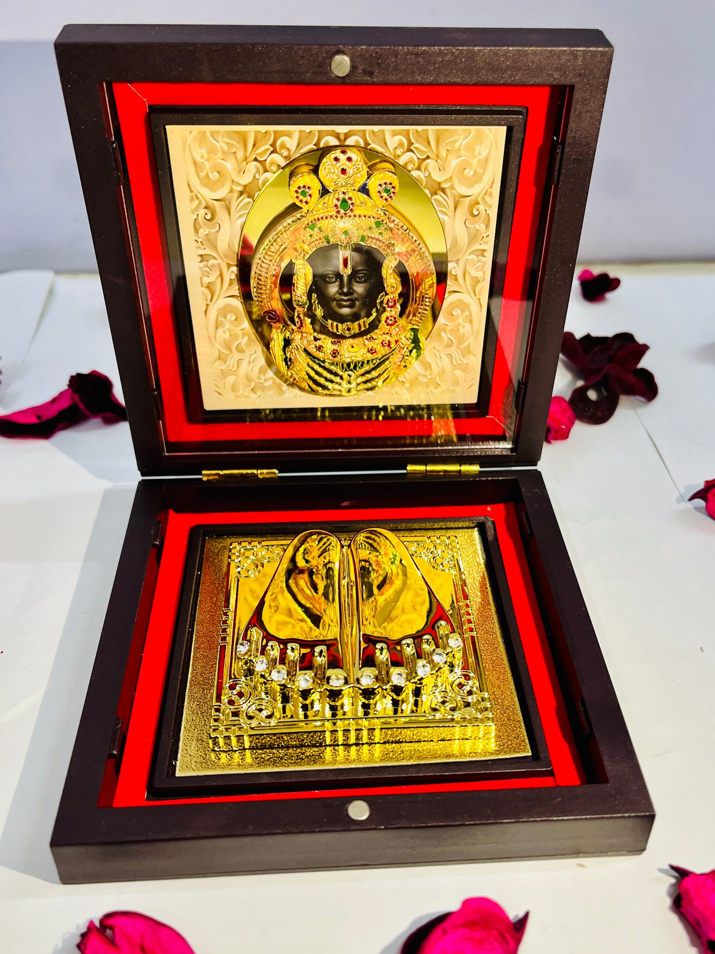 Shree Ram Lalla Face idol 24Karat Gold Plated Decorative Photo Frame with Charan Paduka