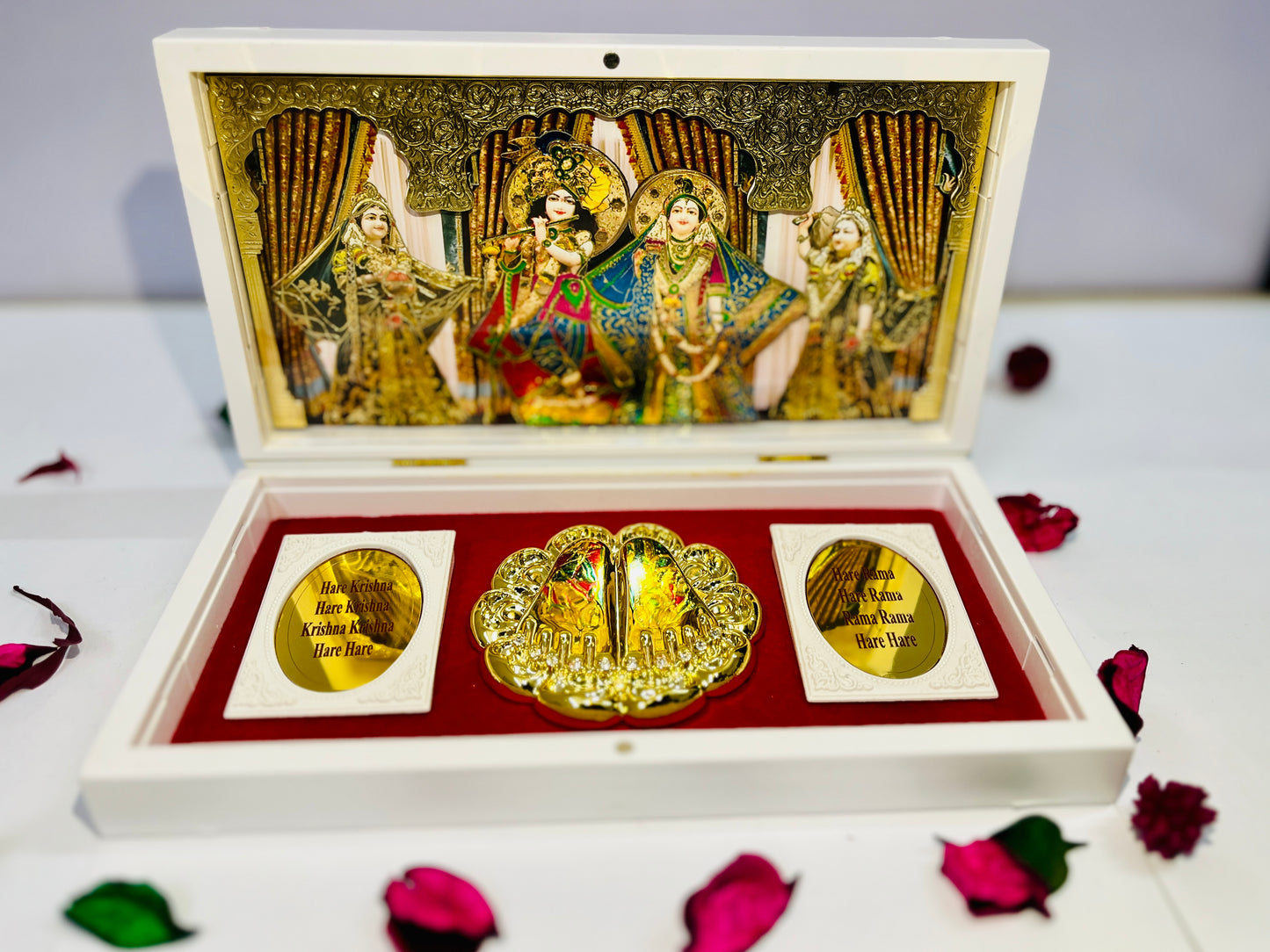 Rgyan Radha Krishna 24Karat Gold Plated Religious Decorative Photo Frame with Charan Paduka