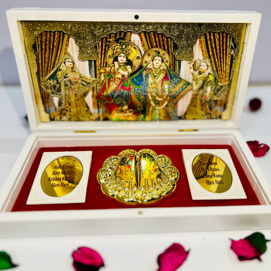 Rgyan Radha Krishna 24Karat Gold Plated Religious Decorative Photo Frame with Charan Paduka