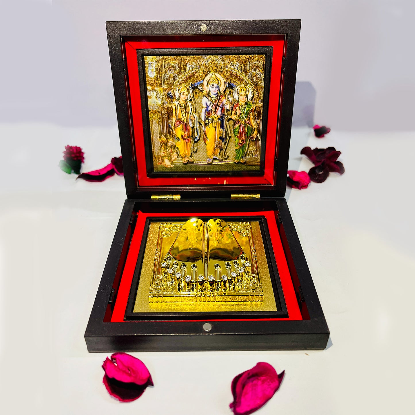 Rgyan Ram Darbar 24Karat Gold Plated Religious Photo Frame with Charan Paduka Return Gifts for Home Puja Office