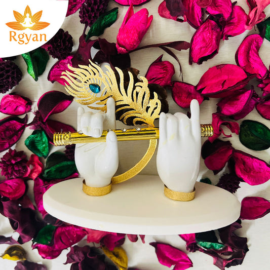 Krishna Ji Hands White - with  24K Gold Plated Flute Symbol of Faith and Love | Car Dashboard, Office Desk & Pooja Temple