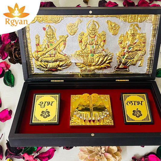 Rgyan Lakshmi Ganesh Saraswati Photo Frame with Charan Paduka Religious Frame Lakshmi Ganesh saraswati Religious Frame