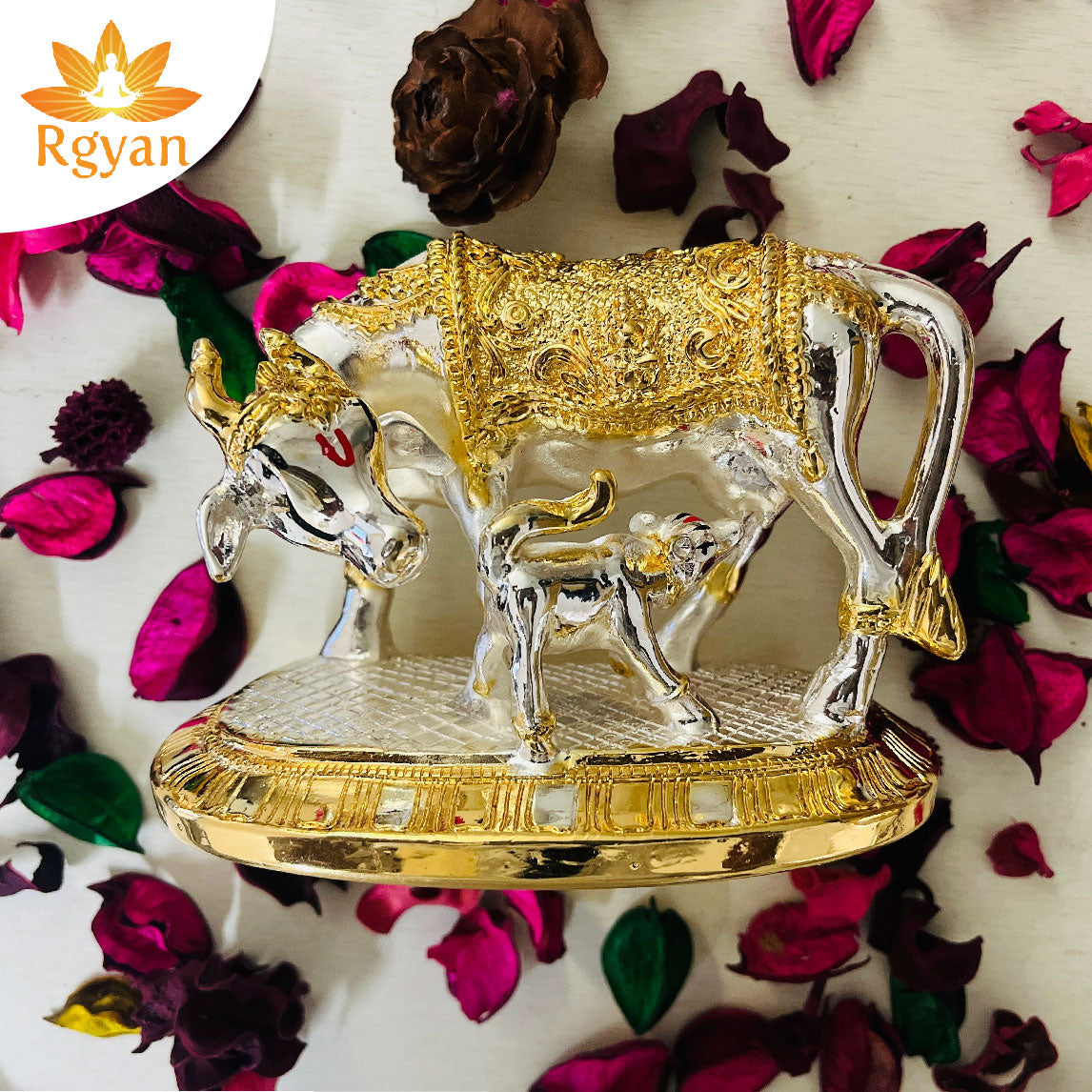 Rgyan 24Carat Gold and 999 Silver Plated Kamdhenu Cow and Calf Statue - Kamdhenu Cow with Calf Vastu Vaastu Positive Energy Items for Home Prosperity Health, Peace