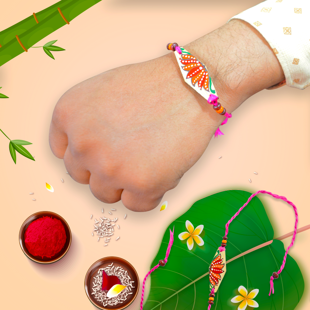 Madhubani Printed Handmade Bamboo Rakhi (Diamond) for Brother, Celebrate Eco Friendly Raksha Bandhan