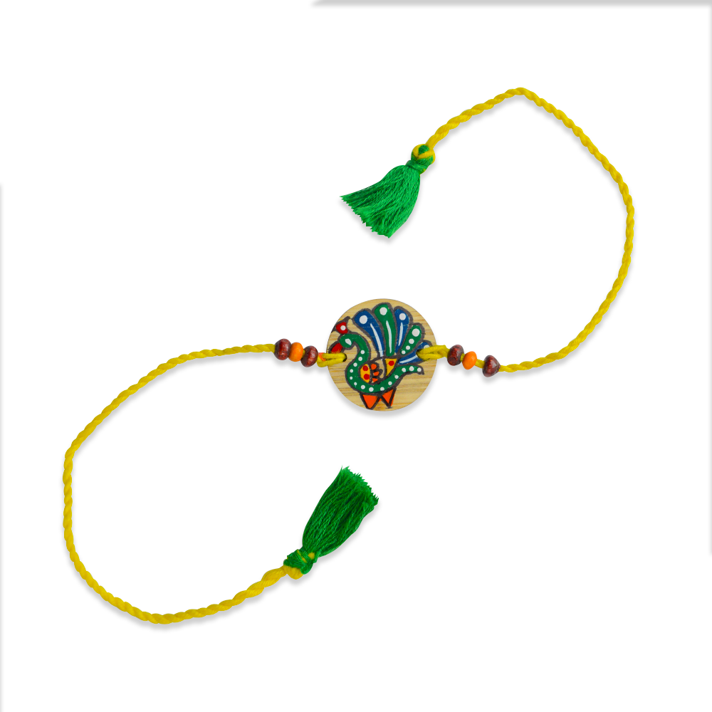 Madhubani Printed Handmade Bamboo Rakhi (Peacock) for Brother, Celebrate Eco Friendly Raksha Bandhan