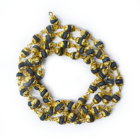 Original Black Tulsi Beads Mala in Brass Made Golden Self Design Caps