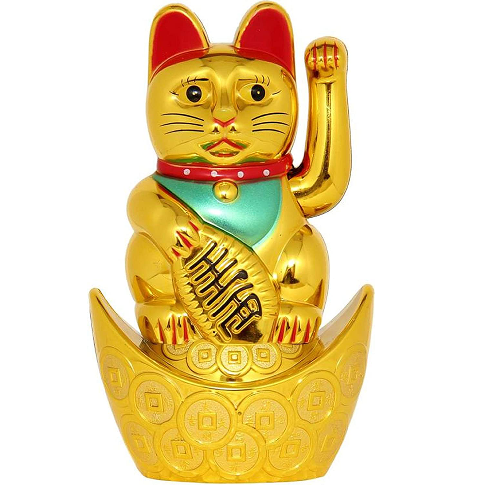 Vastu/Feng Shui Welcome Cat Sitting On Money Ingot for Wealth and Prosperity Decorative Showpiece - 18 cm (Plastic, Gold)