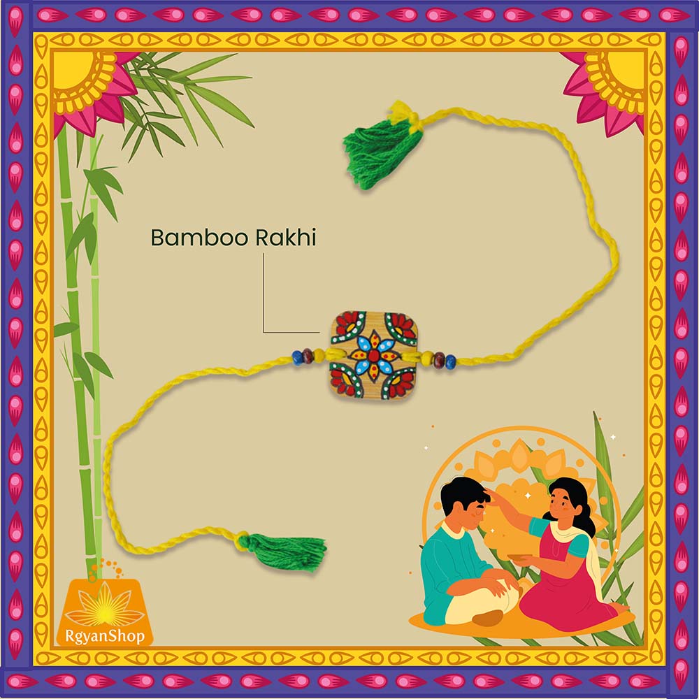 Madhubani Printed Handmade Bamboo Rakhi (Square Flower) for Brother, Celebrate Eco Friendly Raksha Bandhan