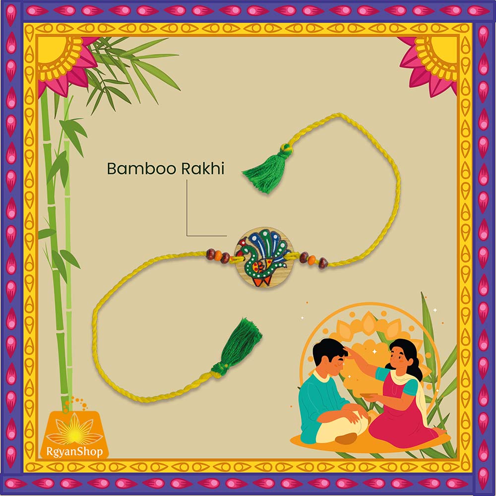 Madhubani Printed Handmade Bamboo Rakhi (Peacock) for Brother, Celebrate Eco Friendly Raksha Bandhan