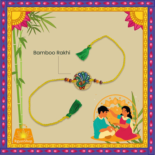 Madhubani Printed Handmade Bamboo Rakhi (Peacock) for Brother, Celebrate Eco Friendly Raksha Bandhan